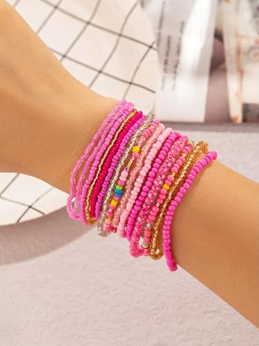 15-teiliges stapelbares Armbandset aus rosa Glasperlen mit goldfarbenen Akzenten - Standard von Generic