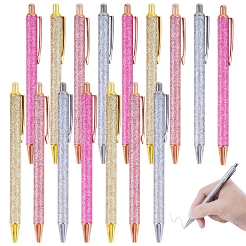 16-teiliges glitzerndes Kugelschreiber-Set, einziehbares Design mit 1 mm mittlerer Spitze, rotgoldene Metallstifte in 4 glitzernden Farben, schwarze Tinte für Büro- und Geschenkzwecke von Generic