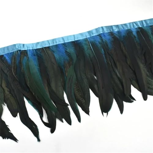 2 Meter Hahnfedern auf Band, Quaste, Fransenband, Feder, Kleidung, Dekoration, Seeblau, 20–25 cm von Generic