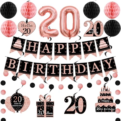 20 Geburtstag Deko für Sie - Happy 20th Birthday Banner Hängende Wirbel Wabenbälle Rose Gold 20 Zahlenballons und Kreis Punkte Girlande für 20 Geburtstag Party von Generic