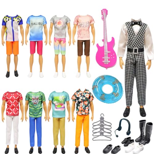 23 Stück Ken Kleidung und Zubehör, Clothes for Ken Dolls Jungen Puppen 1 Gitter Anzug 4 Kleidung 4 Hosen 5 Paar Schuhe 5 Kleiderregal 1 Ohrhörer 1 Gitarre 1 Schwimmkreise für 12 Zoll Puppen von Generic