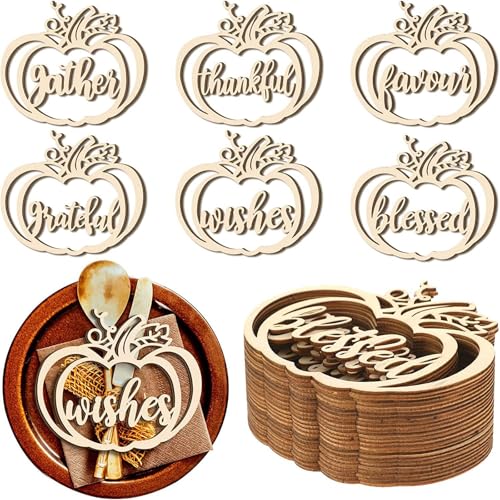 24 Stück Thanksgiving Holzausschnittplatten Dekor mit Seilen Baumhandwerk Esstisch Dankbare Ernte Herbst Herbst Dekorationen Zubehör (Kürbis) von Generic
