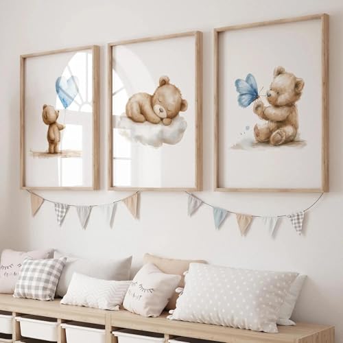 3 Bilder Babyzimmer Bär 30X40CM Bilderwand Kinder Poster Teddybär Ballons Schmetterling Leinwand Kinderzimmer Junge Bilder Teddybär Poster Bär Kinderzimmer Bilderwand Baby Junge Beige Blau ohne Rahmen von Generic