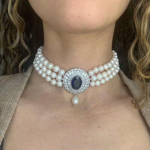 3 Stränge 8-9mm Natürliche weiße Perle Perle Blauen Edelstein Halsband Halskette Für Frauen 3 Stränge 8-9mm Natürliche weiße Perle Perle Blauen Edelstein Halsband Halskette Für Frauen von Generic
