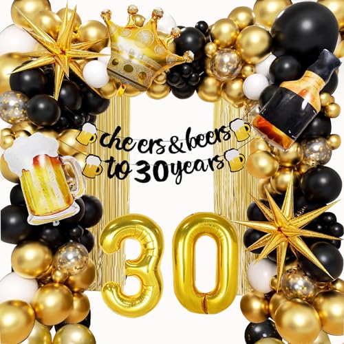 148 Stück 30. Geburtstag Deko Ballon-Set, 10 in 1 Schwarz & Gold Luftballons / Folienballons / Banner / Folienvorhänge/ Ballon Zubehör. Geeignet für 30. Geburtstag Jungen Mädchen von Generic