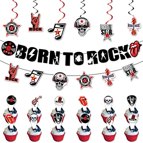 32pcs Party Deko Rock and Roll, Geburtstagsartikel Set inklusive Banner Born to Rock hängen Brudeln mit Platten, Gitarre Kuchentopper, Rockmusik Cupcake Topper von Generic