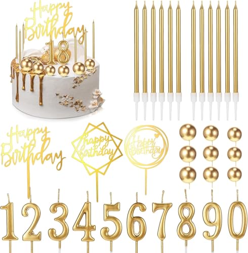 34 Stück Happy Birthday Kuchendekorationen Geburtstagskerzen DIY Kuchendekoration für Männer Frauen Hochzeitstag (Gold) von Generic