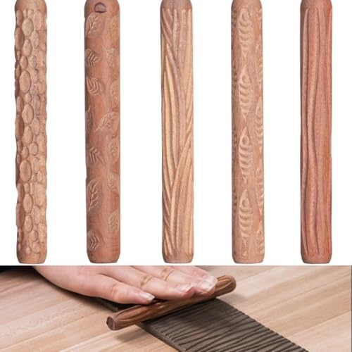 5 x Holz-Tonwalzen, gewellte Pflastersteine, Strukturwalzen, Mini-Handroller, Tonrollen für Bastelarbeiten von Generic