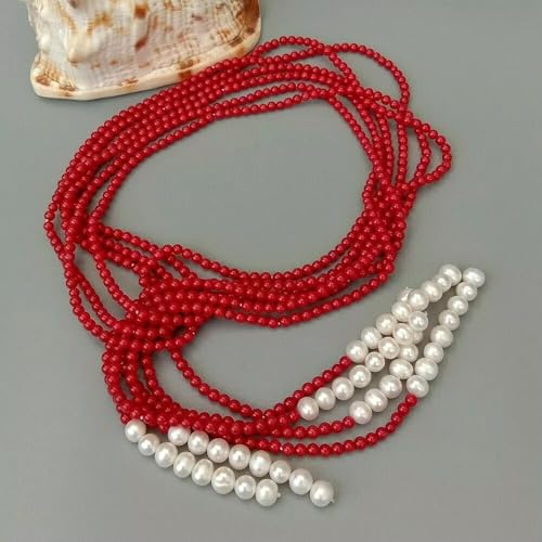 50" 3-reihige rote Koralle Zuchtperle weiße Perle Lariat Lange Halskette von Generic