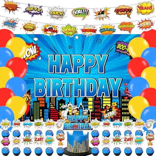 59 Stück Super City Geburtstagsparty-Zubehör, Helden-Stadt-Themenparty-Dekoration, Hintergrund, Luftballons, Kuchen, Cupcake-Topper für Heldenschild, Comic-Thema, Geburtstagsparty-Dekor von Generic