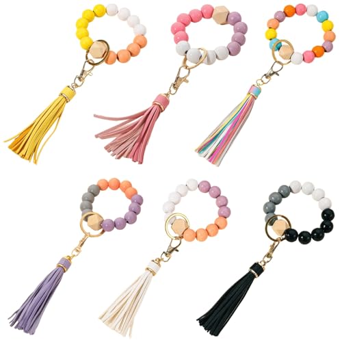 6-teiliges Perlen-Schlüsselanhänger-Set, buntes Holzperlen-Armband mit Quaste, trendiges Auto- und Taschenzubehör, Mehrfarbig, Medium von Generic