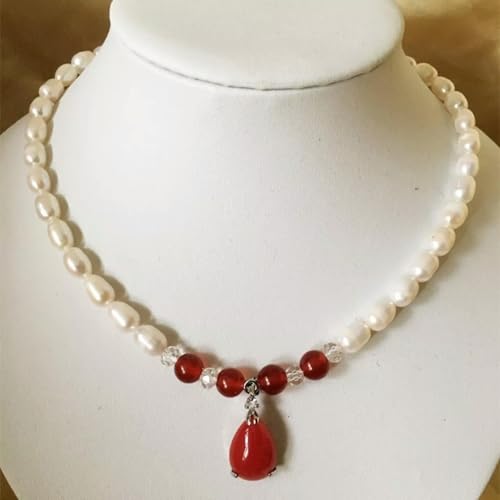 7–8 mm weiße Zuchtperlen, rote Jadeperlen, ovaler Anhänger, Halskette 7–8 mm weiße Zuchtperlen, rote Jadeperlen, ovaler Anhänger, Halskette von Generic