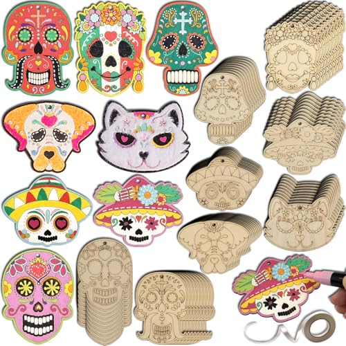 72 Sets Tag der Toten Zuckerschädel Handwerk unlackiertes Holz Dia De Los Muertos Totenkopf Ornamente Färbung Machen Sie Ihre eigene mexikanische Fiesta, blanko, Ausschnitte, hängende Scheiben von Generic