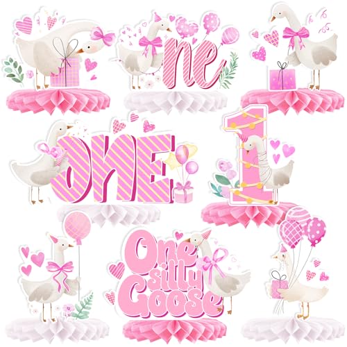 8 Stück "One Silly Goose Birthday Honeycomb Centerpieces Decorations, Pink Goose Themed 1st Birthday Party Decorations for Women,Cute Gänse First Bday Decor Fun Farm Animal Flowers Party Supplies von Generic
