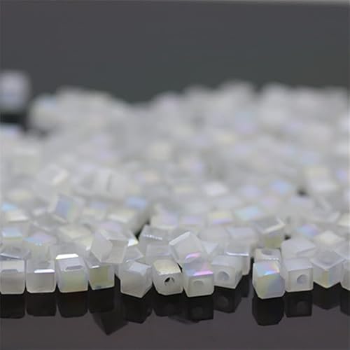 950 Stück 2 mm Würfel Kristall Perlen Quadratische Glasperlen für Schmuck Perlenbedarf Handgemachte Handwerk DIY Perlenstickerei, Armbänder, Halsketten, Ohrringe Schmuck (Solid White AB) von Generic