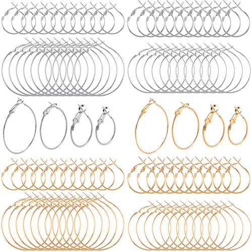 96 Stück Ohrring-Creolen für Schmuckherstellung, hypoallergen, runde Ohrring-Findung, 4 Größen, Legierung, offene Perlen-Creolen für Damen, Großpackung für DIY-Ohrringe, Basteln – Gold, Silber von Generic
