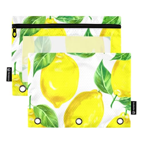 Aquarell-Gelbe Zitronen, 3-Ringbuch, Bleistiftbeutel, Reißverschluss, für Arbeit, Schule, Ordner, transparente Taschen, Blumenmuster, 24,9 x 18 cm, 2 Packungen von Generic