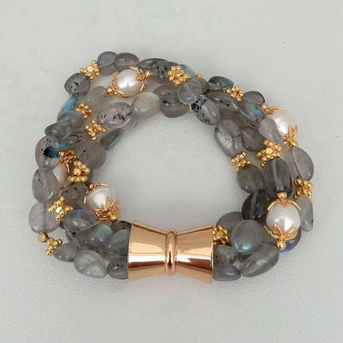 Armband aus natürlichen, 4 Strängen Labradorit-Zuchtperlen aus weißen Reisperlen, 21,6 cm von Generic