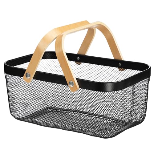 Aufbewahrungskorb aus Netzstoff | Praktischer und tragbarer und tragbarer Lebensmittelaufbewahrungsbehälter mit Holzgriff – 40 x 25 x 17 cm / 15,74 x 9,84 x 6,7 Zoll / 15,74 x 9,84 x 6,7 Zoll von Generic