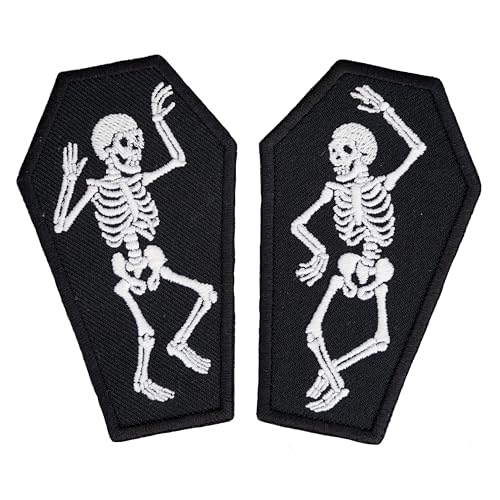 Aufnäher-Set mit tanzendem Skelett im Sarg – bestickte Gothic-Bügelabzeichen für Halloween-Vibes. Größe 9,4 x 6,1 cm. von Generic