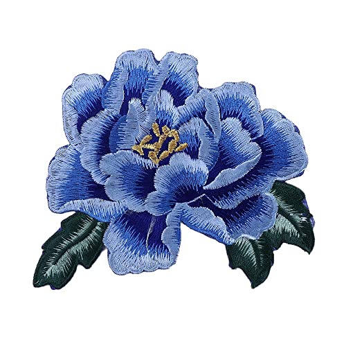 Aufnäher zum Aufbügeln, 14 cm, lila, bestickt, für Kleidung, Dekoration, Pfingstrose, Blumenapplikationen (Königsblau) von Generic
