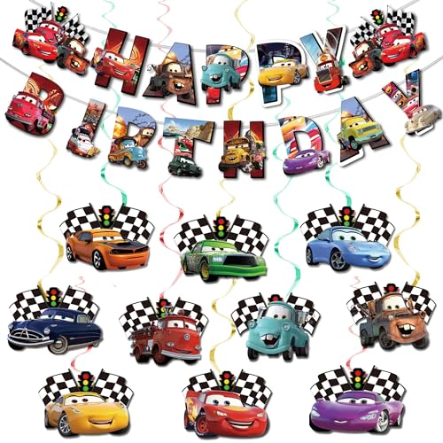 Auto-Geburtstagsparty-Dekorationen, Banner – 1 x Auto-Happy Birthday-Banner, 10 x Auto-Hängewirbel, Auto-Geburtstagsbanner für Jungen, Kindergeburtstag, Party-Dekorationen, Auto-Themenparty von Generic