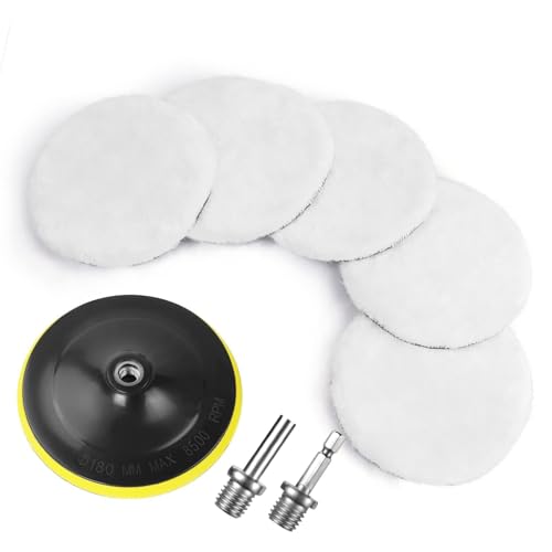 Autopolierpads Für Bohrmaschine, 8 Stück Professionelle Woll-Polierpads, Autopolier-Kit Mit M10-Bohreradapter Und Sechskantschaft-Adapter, Für Autopolitur Und Möbelpolitur(180 Mm) von Generic