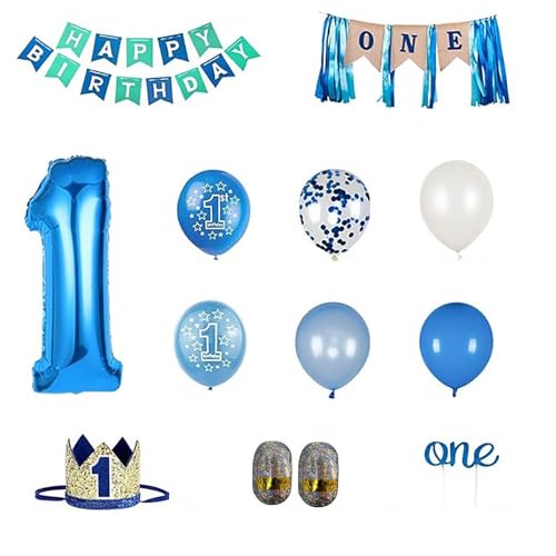 Baby First Birthday Bedruckte blaue Luftballons Baby First Happy Birthday Party-Versorgungsset Geburtstagsparty-Dekorations-Versorgungsset Stange Kinderfahrrad (Blue, One Size) von Generic