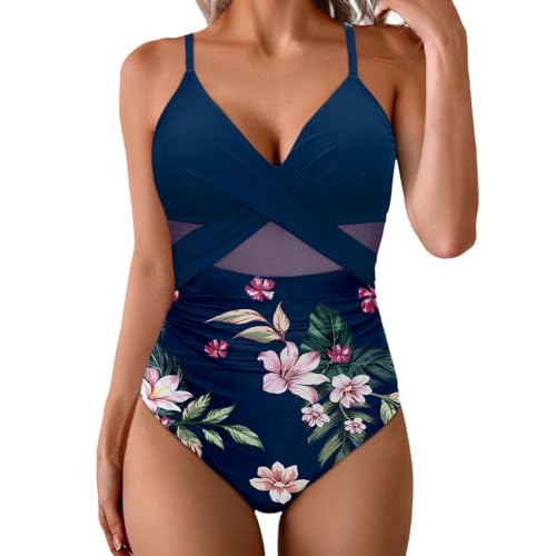 Badeanzug, Damen, Netzstoff, transparent, V-Ausschnitt, gerüscht, Push-up, Vintage, gepolsterte Träger, Surfanzug mit integriertem BH von Generic