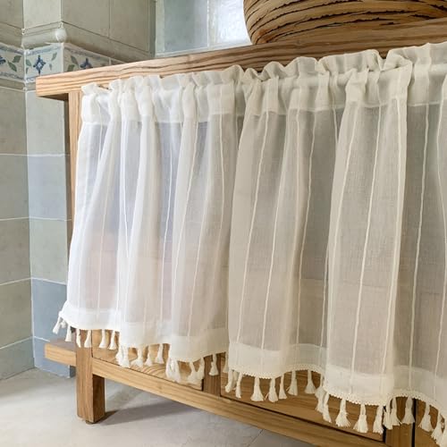Baumwolle Streifen Kurzgardine mit Quasten, Transparente Küchenvorhang mit Stangentaschen, Scheibengardine für Wohnzimmer Schlafzimmer((WXH) 150X70CM/59X27.6IN) von Generic