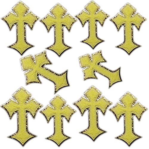 Biblical Cross Embroidered Patches Chenille Towel Iron on Applique Ironing Badges Sewing Patch for Clothing Jackets Backpacks Jeans Supplies Decorative 10 Pcs (Yellow) von Generic