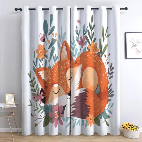 Blackout Vorhänge H166 x B150 cm Verdunkelung Vorhang mit Ösen, Cartoon Tier Fuchs Blätter Vorhang Hellfarben Weich Polyester Vorhänge für Wohnzimmer Schlafzimmer und Kinderzimmer Dekorieren von Generic