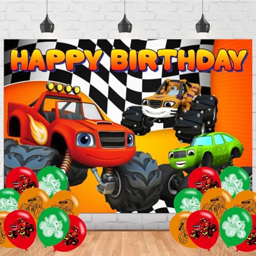 Blaze and The Monster Party-Dekorationsset, Monster-Auto-Geburtstagsparty-Zubehör, inklusive Cartoon-Auto-Geburtstags-Hintergrund und Luftballons für Kinder von Generic