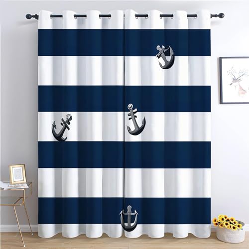 Blickdicht Vorhänge Blau gestreifter Anker B110 x H215cm Verdunklungsvorhänge 3D Druck Gardinen Ösenvorhang, Thermovorhang 2er Set Dekogardinen für Schlafzimmer Wohnzimmer Blickdicht Vorhänge Blau gestreifter Anker B110 x H215cm Verdunklungsvorhänge 3D Druck Gardinen Ösenvorhang, Thermovorhang 2er Set Dekogardinen für Schlafzimmer Wohnzimmer von Generic