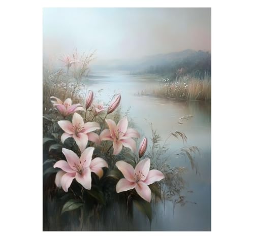 Blume Malen Nach Zahlen Erwachsene See Malen Nach Zahlen 135 x 100CM DIY Basteln Erwachsene Klarheit Farbe Leinwan Bilder mit Acrylfarben Set 3 Typen Pinsel für Wanddeko Wohnzimmer, Geschenke YH2-2540 von Generic