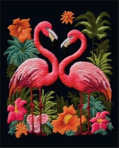 Blumen Flamingo Knüpfhaken Teppich Kits Kreuzstich Knüpfhaken Kissen Set Tapertry Stickerei Bastelsets für Anfänger DIY Knüpfhaken Teppich Kit Matte Leinwand Hobby & Handwerk 52 x 38 cm von Generic
