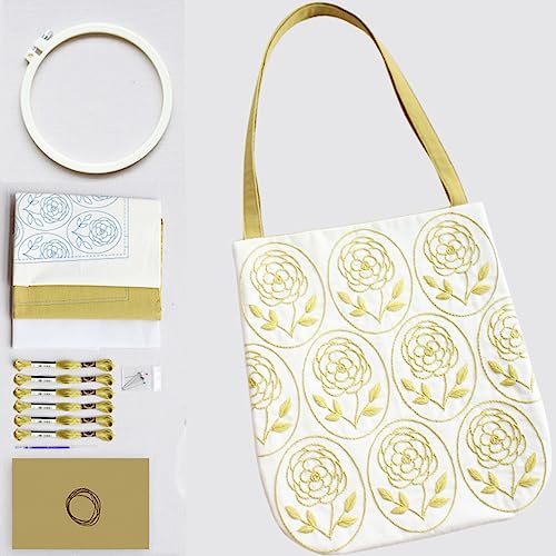 Blumenstickerei-Set Tote Bag für Erwachsene Anfänger, Handstickerei-Starter-Kit mit Mustern für Stickerei und Nähen Bastelliebhaber, DIY Tote Bag (Gelbe Tragetasche) von Generic