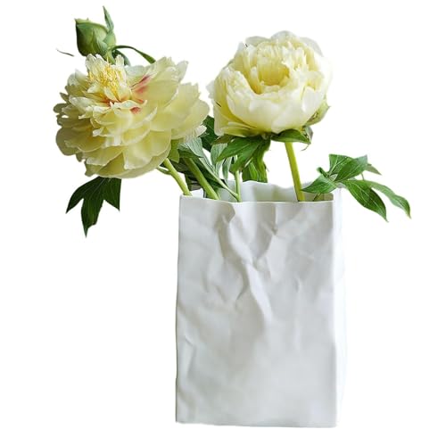 Blumenvase in Buchform - Keramikvase in weißer Papiertüte, Keramikvase in weißer Papiertüte | Blumenvase mit Knisterpapierbeutel, kleine quadratische Faltenvasen u von Generic