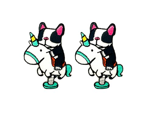 Bru_289 Set mit 2 Stück Mini Französische Bulldogge Welpe Hund Patches Niedliches Cartoon Logo 8 Aufnäher Aufbügler Stickerei Applikation Abzeichen Schild Patch Kleidung DIY Kostüm von Generic