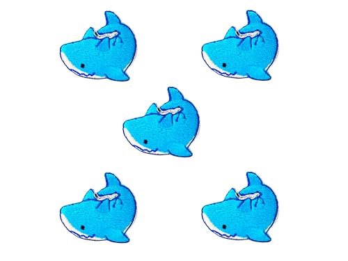 Bru_289 Set mit 5 Stück Mini-Haifisch-Aufnäher, niedliches Cartoon-Logo, 1 Aufnäher, bestickte Applikation, Abzeichen, Kleidung, DIY, Kostüm von Generic