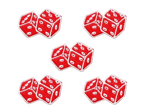 Bru_289 Set mit 5 kleinen roten Mini-Aufnähern mit Würfel-Logo, 1 niedliches Cartoon-Aufnähen, zum Aufbügeln, bestickte Applikation, Abzeichen, Kleidung, DIY, Kostüm von Generic