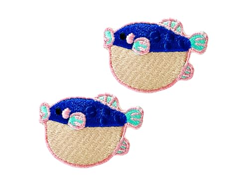 Bru_289 Set von 2 Stück Mini Puffer Fisch Ballonfisch Blowfish Patches Cute Cartoon Logo 1 Patches Nähen Eisen auf bestickte Applikation Abzeichen Schild Patch Kleidung DIY Kostüm von Generic