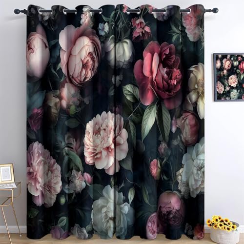 Bunt Blickdichte Vorhänge H245 X B100 cm (2Er Pack) Retro Pfingstrose Rosen-Design – Verdunkelnd & Stylisch, Für Kinderzimmer – Waschbar Bei 30°C, Easy Install Vorhang von Generic