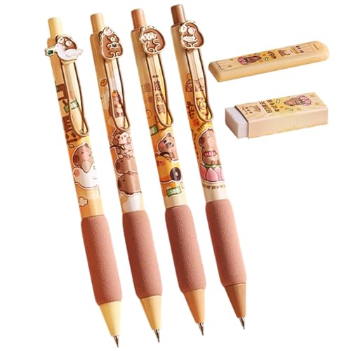 Capybara Gelstifte – 4 x Cartoon-Löschbare einziehbare Stifte, Capybara Druckbleistifte mit Radiergummi, 14,5 cm, tragbare ästhetische Schreibstifte für , Mädchen, Schulbedarf, perfekt zum von Generic