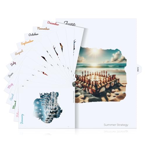 Chess Art Registerkarten für 3-Ringbinder, 12 Monate, Buchstabe 21,6 x 27,9 cm, Schach-Illustrationen, laminierte Tabs, 350 g/m² Karton, passend für Standard-3-Ringbücher von Generic