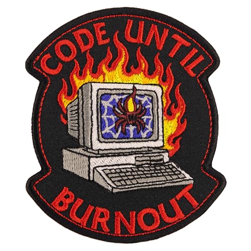 Code Until Burnout Patch - Funny Programmer Embroidered Iron On Badge - Retro PC on Fire - Hacker, Coder, IT Humor Patch, 3.3 x 3.9 Inches von Generic