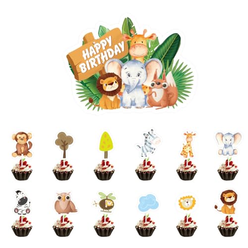 Coogime Tier-Themen Tortendeko Geburtstag, Waldtier-Motto Tortenaufleger, Muffin Topper, 1 Große Kuchen Deko + 12 Cupcake Topper, Partyzubehör für Kindergeburtstage, Tortendeko Mädchen/Junge von Generic