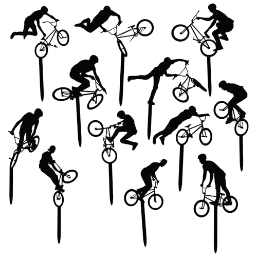 Cupcake-Topper, BMX-Bike-Trick, 3D-gedruckte Freestyle-Fahrer-Silhouetten mit integrierten Plektren, 5,1–10,2 cm hoch, solide Kunststoff-Dekorationen für Extremsport-Mottopartys (12, schwarz), 12 von Generic