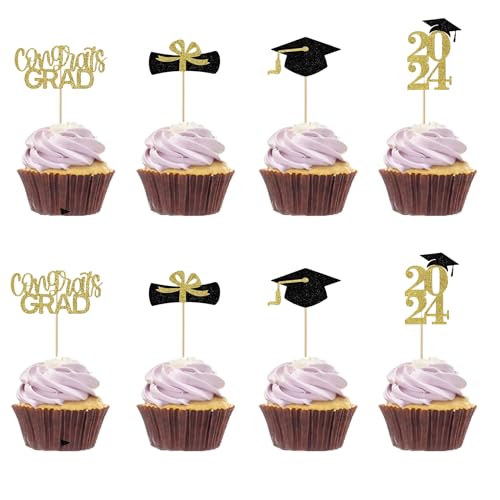 Cupcake-Topper zum Schulabschluss, glitzernd, 2024, Diplomabschluss, Kuchendekoration, Abschlussfeier, Partyzubehör, 36 Stück von Generic