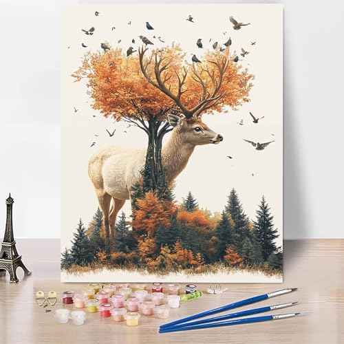 DIY Malen Nach Zahlen Erwachsene Reh Malen Nach Zahlen Baum, DIY Set Erwachsene Anfänger Mit 3 - Pinseln und Acrylfarbe, Handgemalt Ölgemälde für Frauen, Deko Wohnzimmer 70×95cm Ohne Rahmen -XY89T von Generic